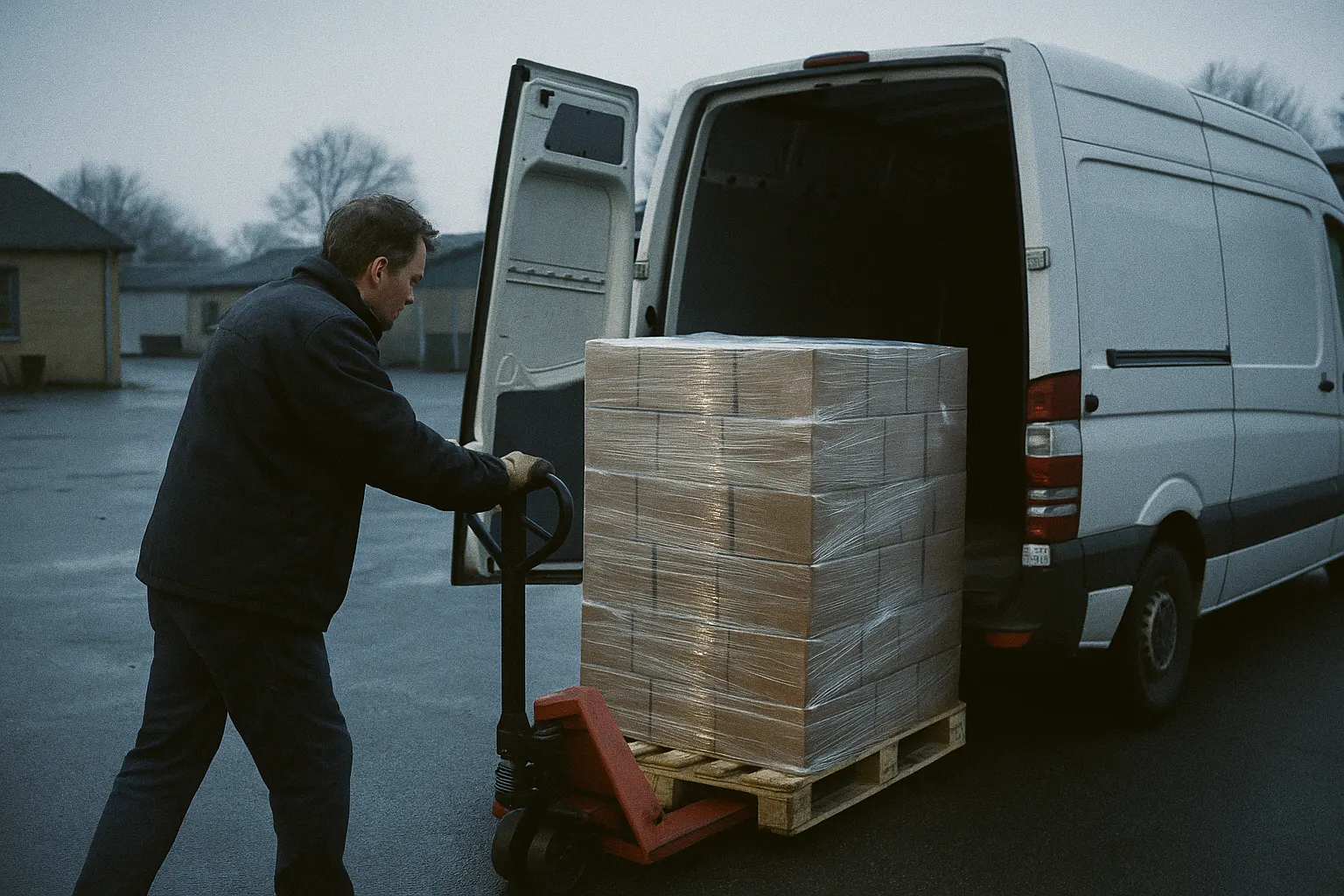 Chauffør læsser en palle med gods ind i en varevogn med palleløfter en tidlig morgen.